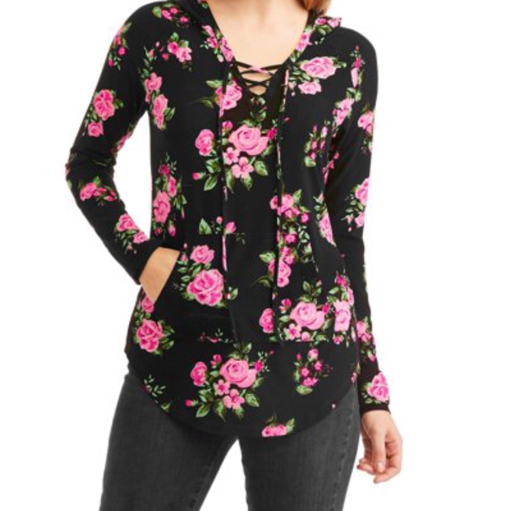Floral Lace-Up Brushed Pullover Hoodie